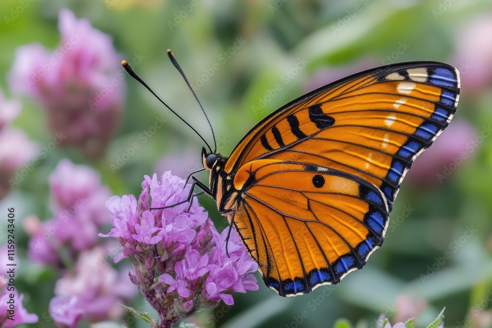 A delicate butterfly perches on the petals of a vibrant purple flower A delicate butterfly perches on the petals of a vibrant purple flower