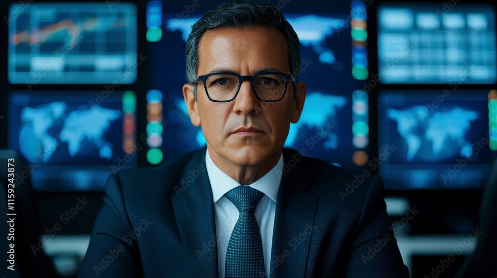 Professional Leader Immersed in Virtual Banking Environment Analyzing Data on Multiple Monitors with Global Financial Impact Professional Leader Immersed in Virtual Banking Environment Analyzing Data on Multiple Monitors with Global Financial Impact