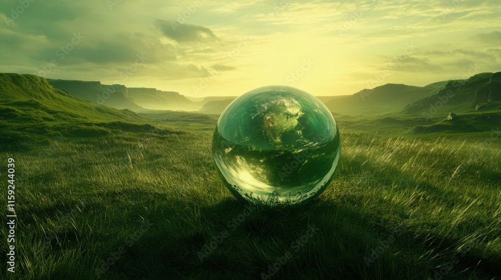 Green Landscape with Crystal Sphere Reflecting Earth at Sunrise Green Landscape with Crystal Sphere Reflecting Earth at Sunrise