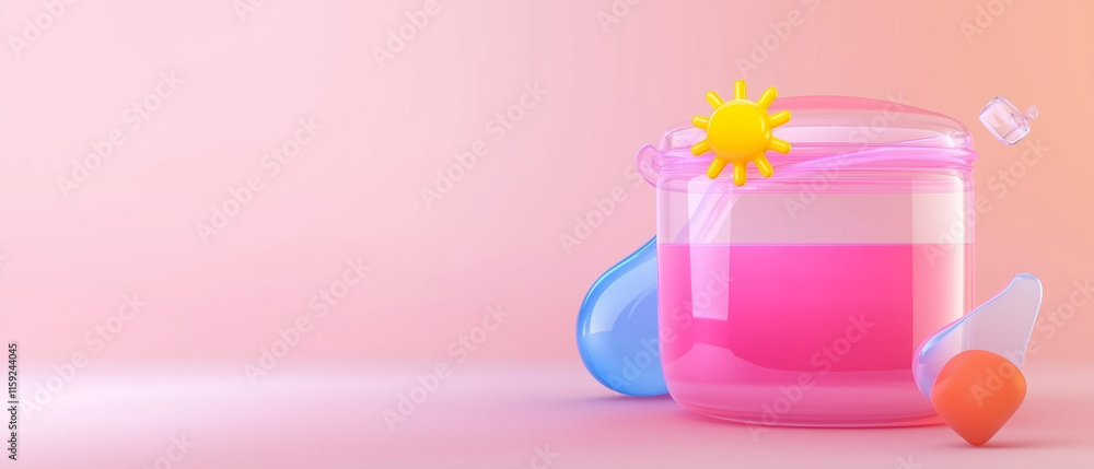Pink Liquid in Glass Jar with Sun Icon. Pink Liquid in Glass Jar with Sun Icon.