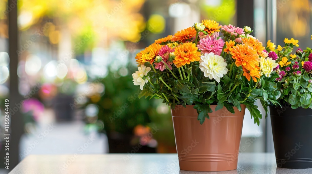Vibrant Colorful Flower Arrangement in Brown Pot at Cafe with Natural Light Vibrant Colorful Flower Arrangement in Brown Pot at Cafe with Natural Light