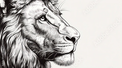 Profile of a proud lion in monochrome style. Close-up of a lion's face. Illustration for cover, card, postcard, interior design, decor or print.