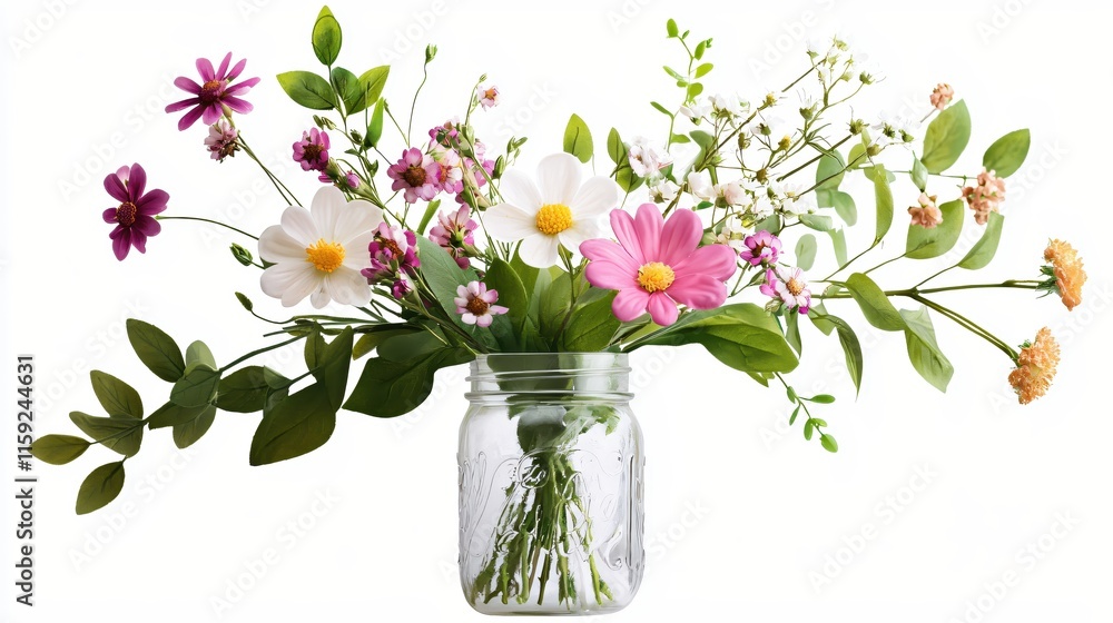 Fototapeta premium Bright Floral Arrangement in Mason Jar with Diverse Colorful Flowers and Greenery
