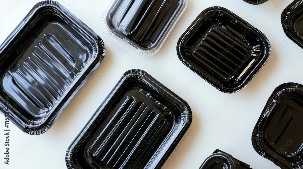 Black Containers on White Background in Flat Lay View Black Containers on White Background in Flat Lay View