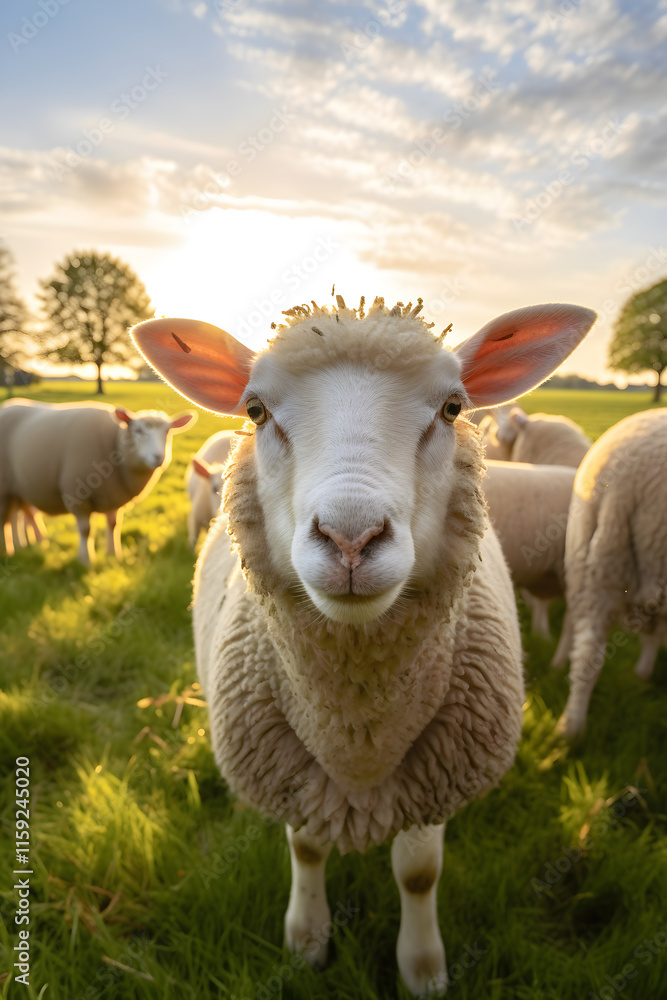 Ewe Sheep Grazing in Lush Green Meadow under a Gentle Sunlight: A Portrait of Serene Country Life Ewe Sheep Grazing in Lush Green Meadow under a Gentle Sunlight: A Portrait of Serene Country Life