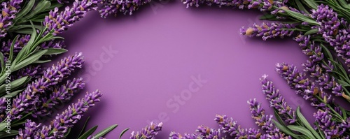 Lavender floral abstract background concept. Vibrant lavender flowers framing a soft purple backdrop for creative designs. photo