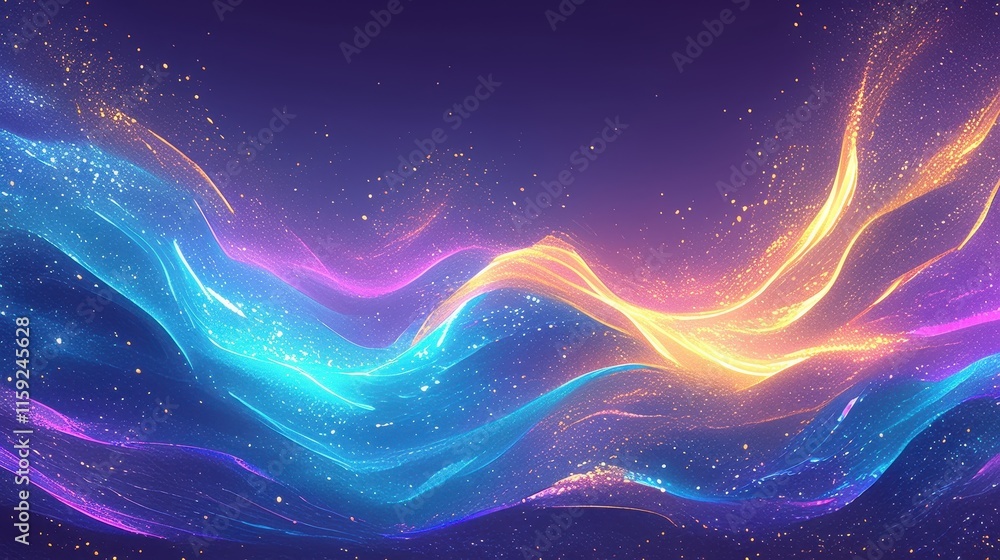 Obraz premium Abstract waves of vibrant colors with sparkling effects against a dark background.