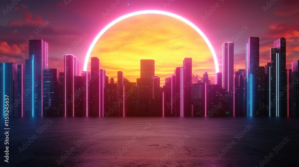 Fototapeta premium Vibrant Cityscape with Neon Highlights and a Striking Sunset Creating a Dreamy Atmosphere Surrounding Skyscrapers in a Futuristic Urban Landscape
