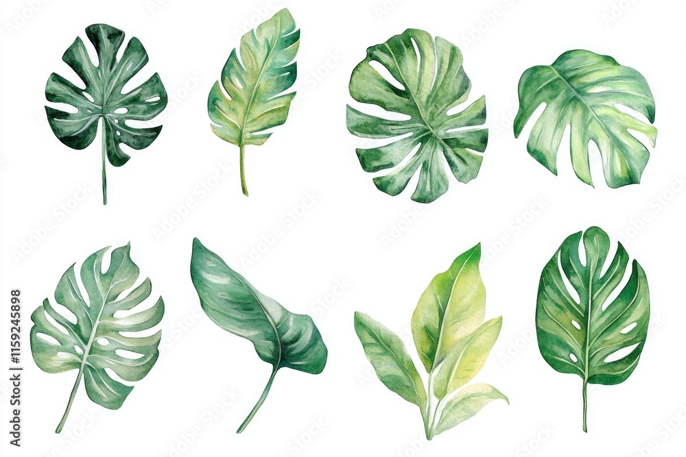 Obraz premium Watercolor painting of various tropical leaves with vibrant colors and delicate brushstrokes