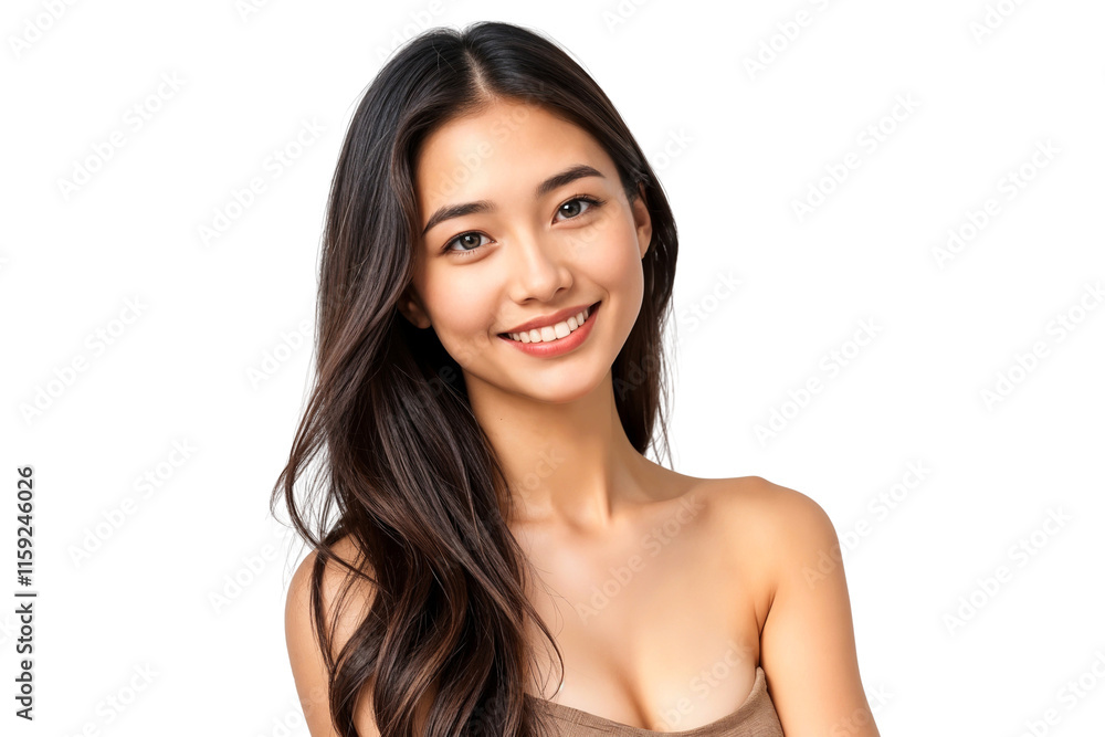 Portrait of a smiling beautiful woman with long brunette hair, isolated on transparent background Portrait of a smiling beautiful woman with long brunette hair, isolated on transparent background