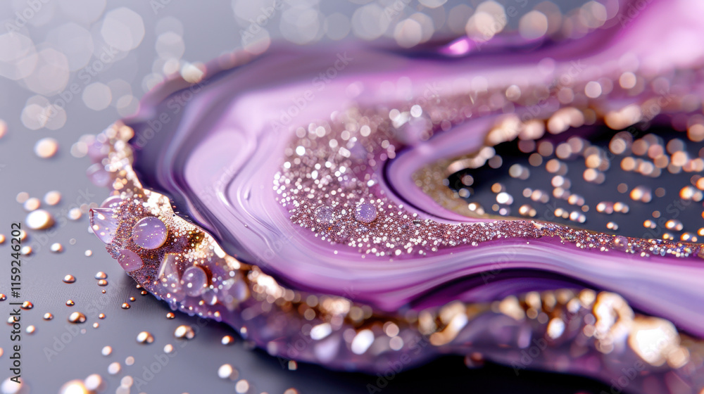 Fototapeta premium A dazzling abstract composition with swirling gradients of purple and pink tones, enhanced by glitter and gold details, exuding opulence and creativity. 
