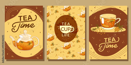 Posters with tea, teapot, teacup, sea ​​​​buckthorn. For poster, card, banner, discount, special offer. Vector illustration EPS10 

