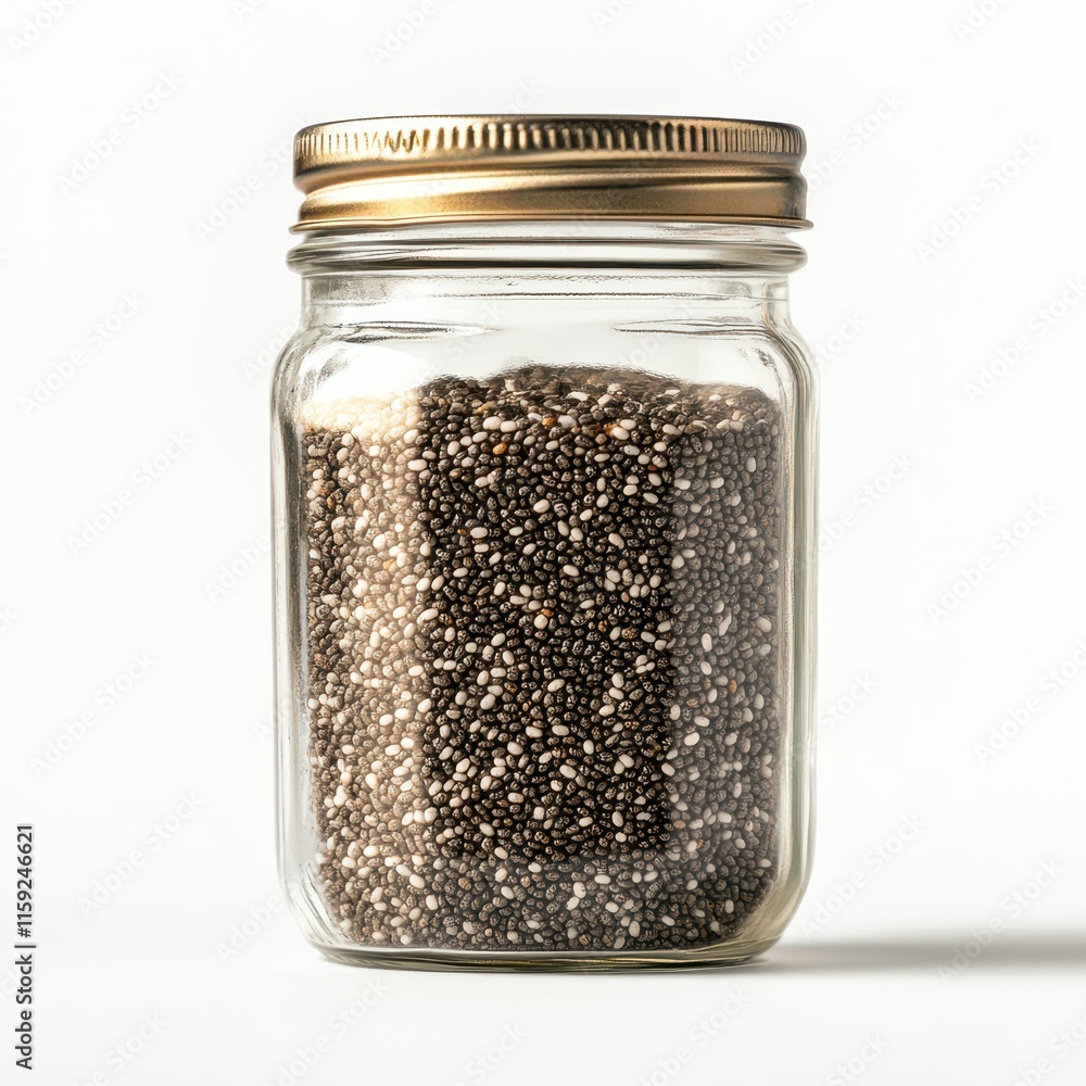 A close-up of a glass jar with organic chia seeds, superfood storage theme, minimalist photography, isolated on white background A close-up of a glass jar with organic chia seeds, superfood storage theme, minimalist photography, isolated on white background