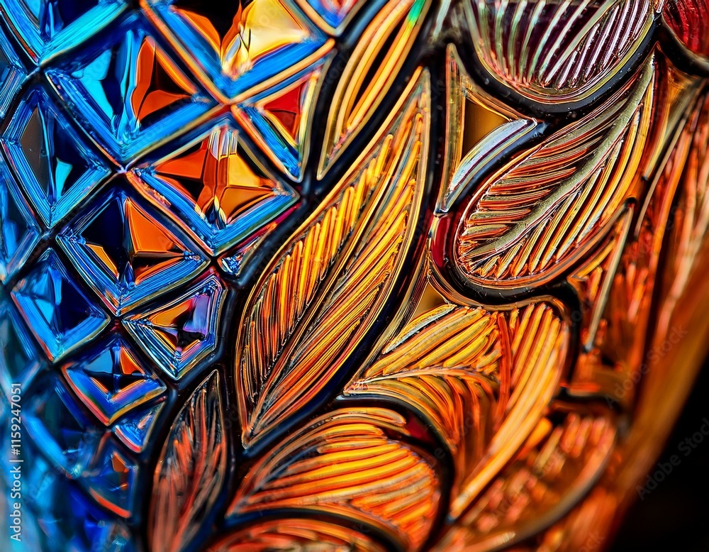 Closeup macro photograph of patterns in a handblown colored glass showing textures and patterns Closeup macro photograph of patterns in a handblown colored glass showing textures and patterns