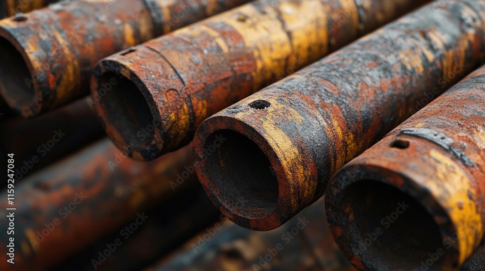 Rusty oil rig pipes stacked for maintenance at offshore facility. Generative AI Rusty oil rig pipes stacked for maintenance at offshore facility. Generative AI