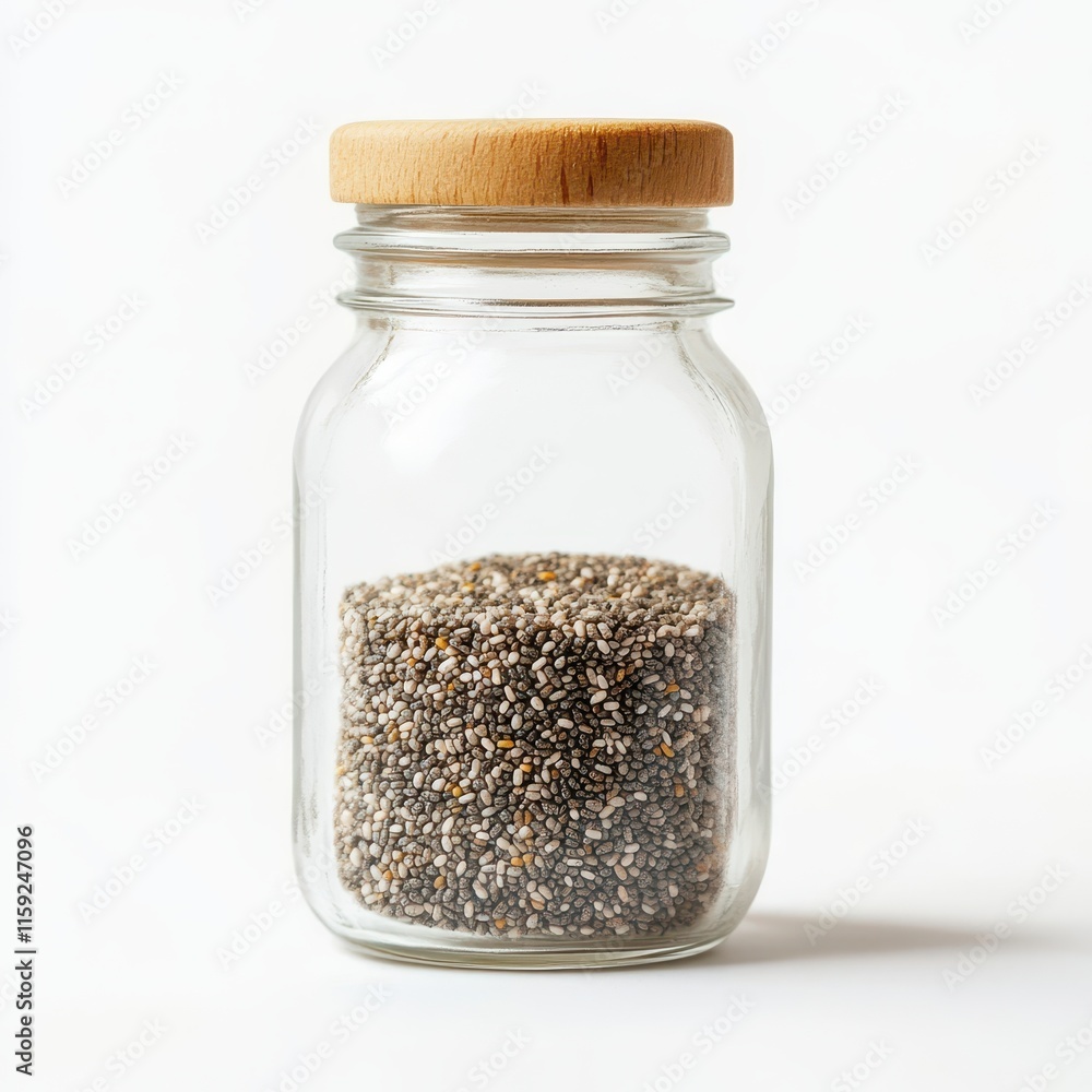 Chia seeds in a clear jar, minimalist vegan ingredient display, neutral tones, isolated on white background Chia seeds in a clear jar, minimalist vegan ingredient display, neutral tones, isolated on white background