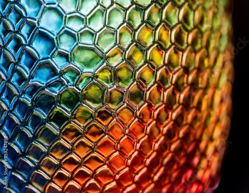 Closeup macro photograph of patterns in a handblown colored glass showing textures and patterns photo