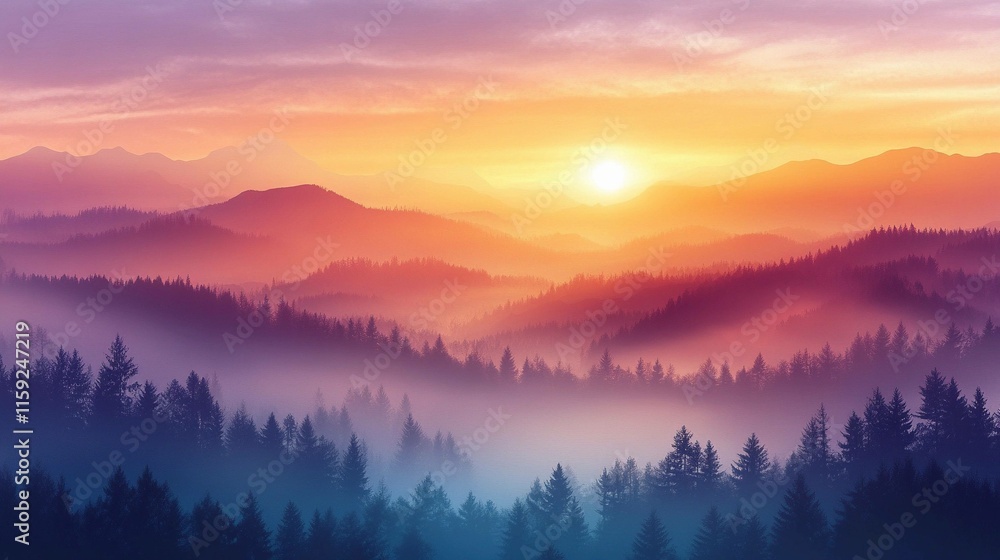 Foggy mountain landscape at sunset with vibrant colors and soft clouds. Generative AI Foggy mountain landscape at sunset with vibrant colors and soft clouds. Generative AI