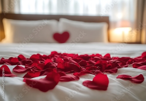 A bed with white sheets and red rose petals scattered across it, creating an atmosphere for a Valentine's Day celebration in a hotel room. 