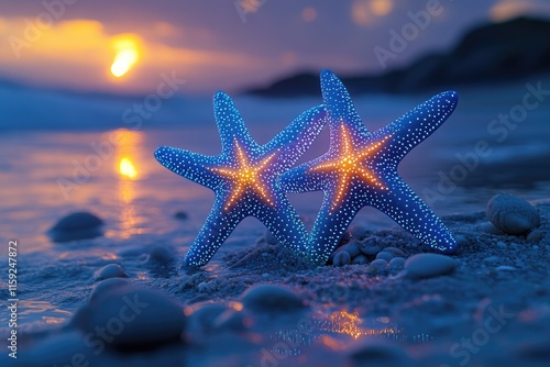 A pair of starfish sitting on the sandy beach, perfect for ocean or coastal themed projects photo