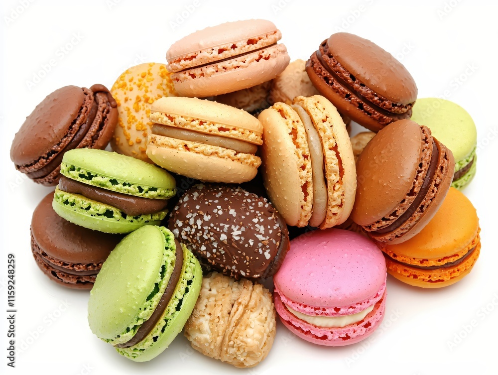 Colorful Variety of Macarons Piled Together on a White Background Colorful Variety of Macarons Piled Together on a White Background