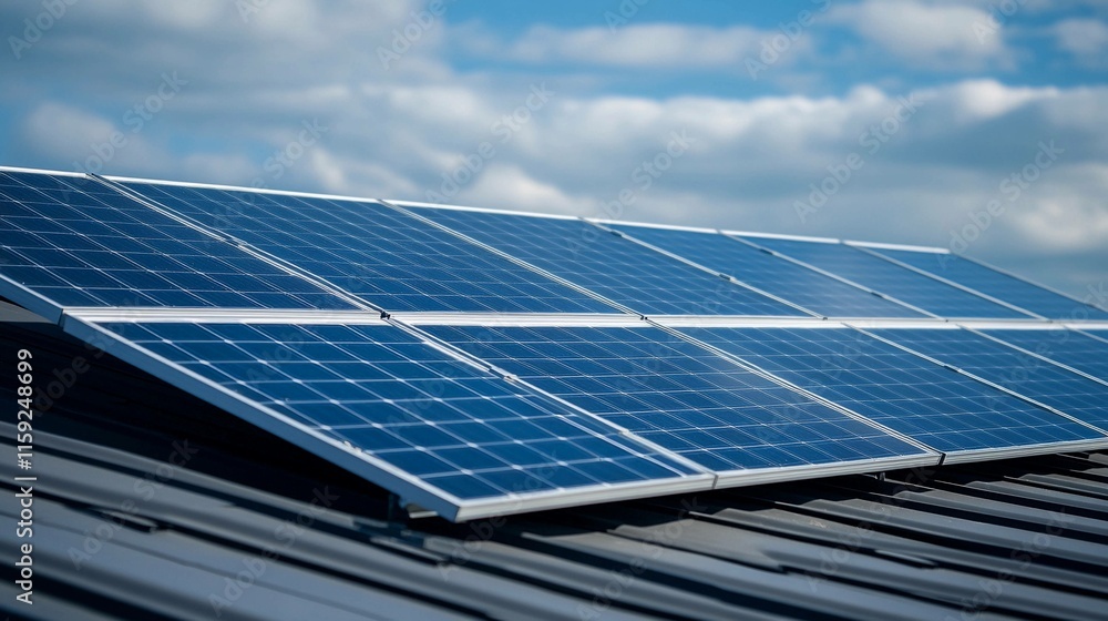 Modern house roof equipped with solar panels under blue sky. Generative AI Modern house roof equipped with solar panels under blue sky. Generative AI