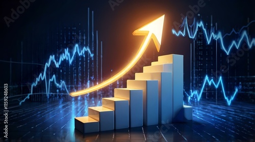 Glowing Arrow Showing Volatility Index Chart with White Blocks and Business Growth Steps on Blue Background