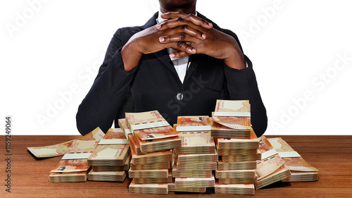 Fotografie Young black Business woman lady in black suit folded hands sitting office desk table with huge stacks pile of South African rand money cash notes in front of her
