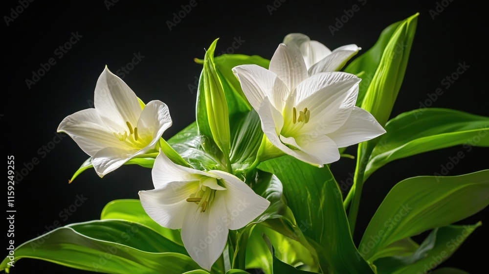 Obraz premium Elegant White Lilies Surrounded by Lush Green Leaves on Dark Background