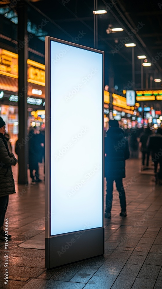 A glowing billboard catches the eye in a bustling city station, amid the cacophony of urban life, while the ambient night lighting sets a unique, vivid atmosphere.