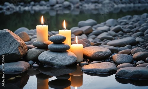 Serene Stacked Stones with Candle and Water Reflection at Dawn or Dusk photo