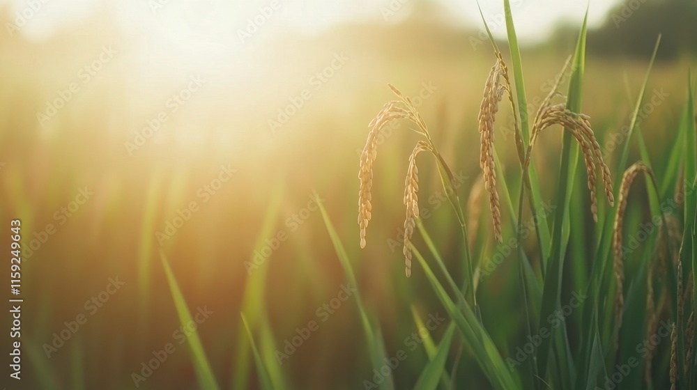 Sunlit Rice Field with Golden Grain and Lush Green Background Sunlit Rice Field with Golden Grain and Lush Green Background