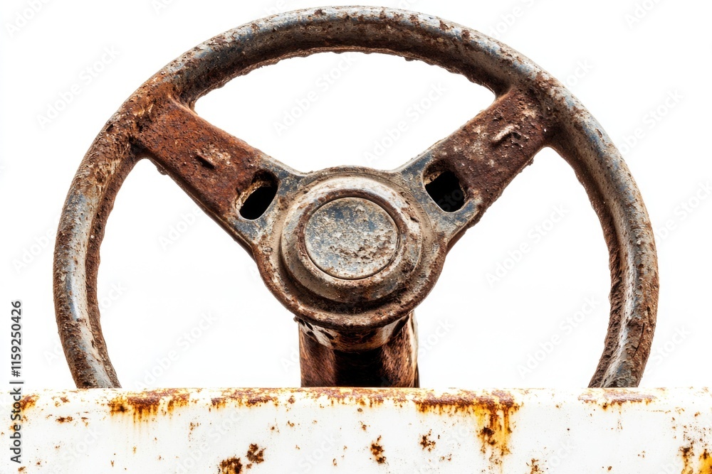 A close-up of a rusty steering wheel from an old truck