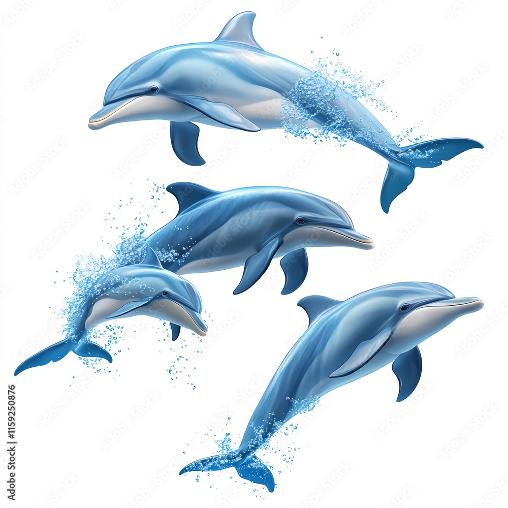 Four playful dolphins leaping through water, showcasing their vibrant blue colors and dynamic movements against a clean background. Four playful dolphins leaping through water, showcasing their vibrant blue colors and dynamic movements against a clean background.