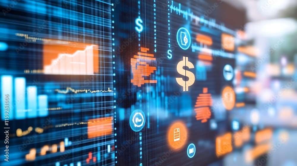 Digital Financial Analytics with Dollar Symbol and Market Trends Displayed on Screen Digital Financial Analytics with Dollar Symbol and Market Trends Displayed on Screen