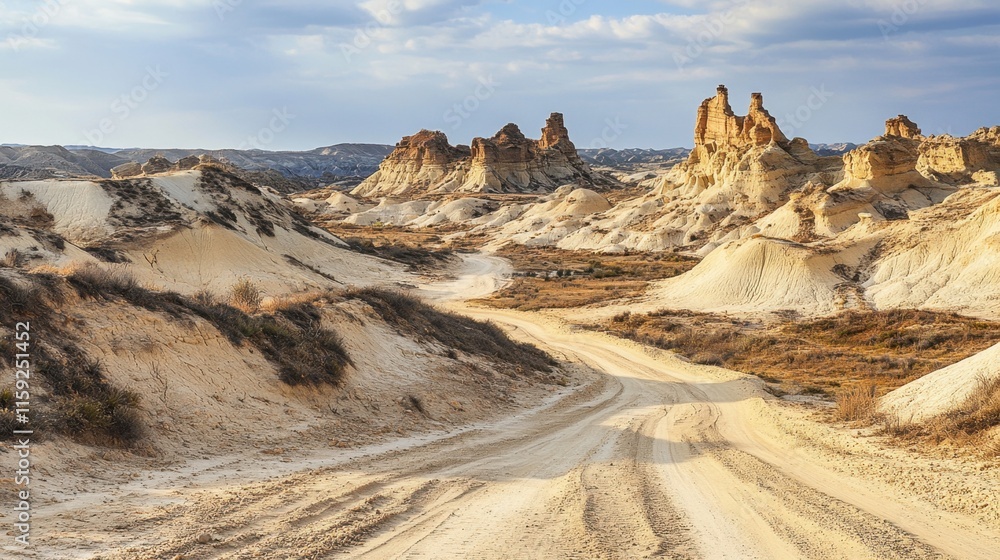 Fototapeta premium Scenic Desert Landscape with Unique Rock Formations and Clouds