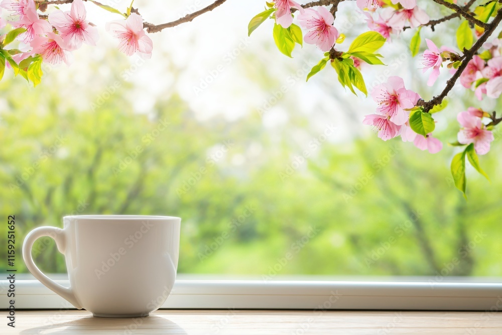 Coffee Cup Next to Cherry Blossom Branch with Green Nature Background Coffee Cup Next to Cherry Blossom Branch with Green Nature Background