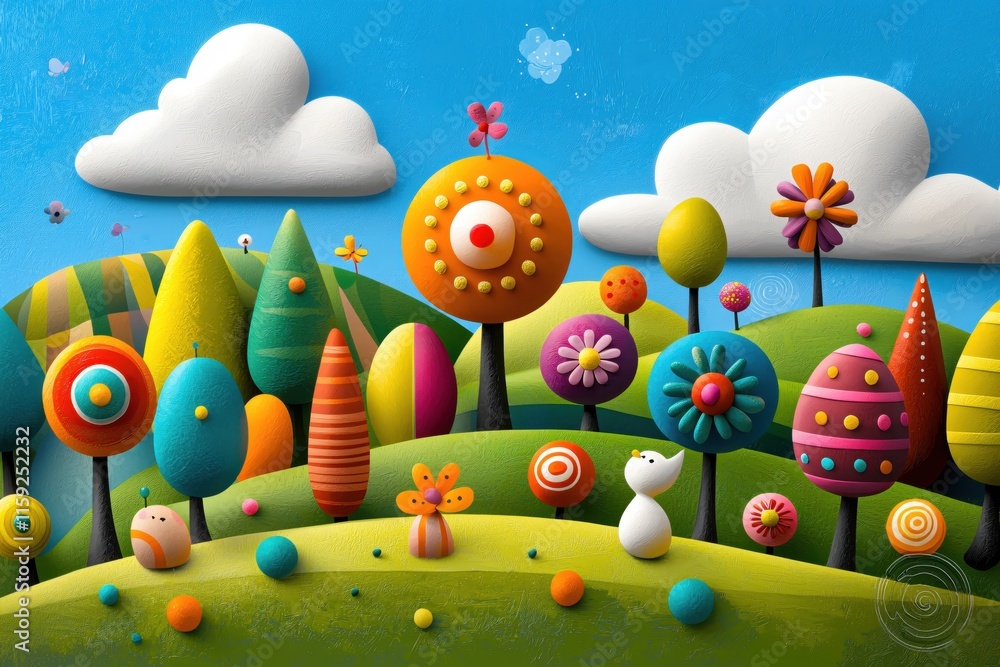 Obraz premium Colorful Abstract Landscape with Trees, Flowers, and a Blue Sky Filled with Clouds