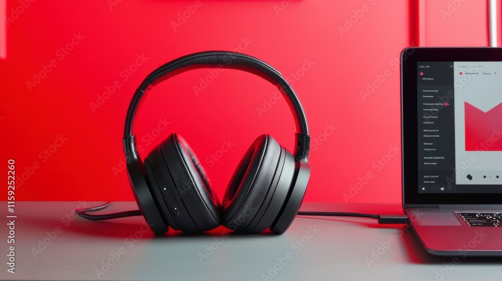 Modern Black Headphones Next to a Sleek Laptop on a Vibrant Red Desk, Perfect for Music Lovers Creating a Stylish Workspace Environment Modern Black Headphones Next to a Sleek Laptop on a Vibrant Red Desk, Perfect for Music Lovers Creating a Stylish Workspace Environment