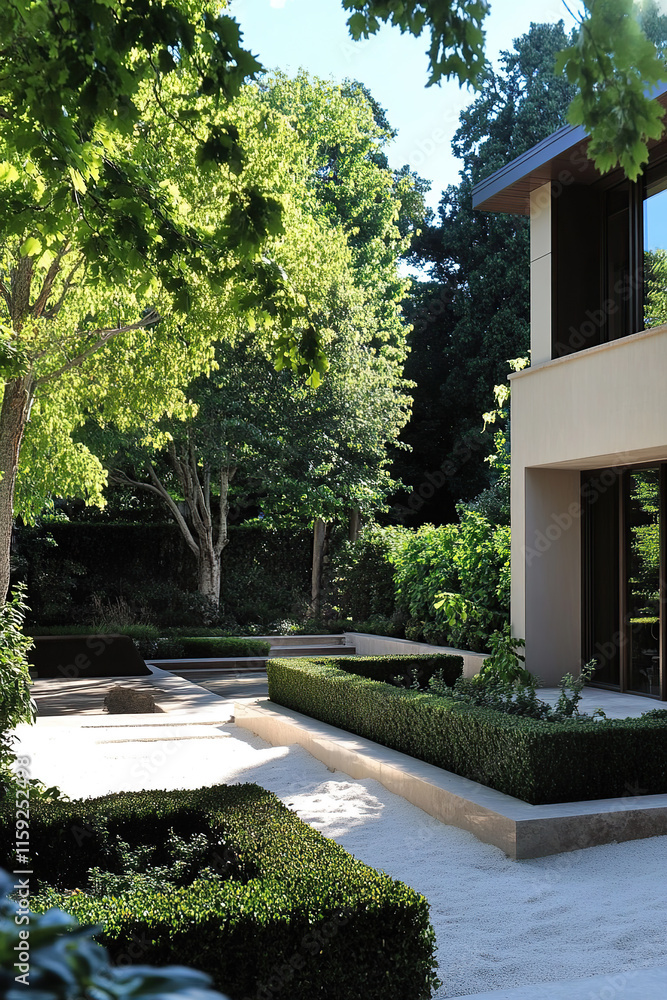Fototapeta premium A stunningly landscaped garden encircles a contemporary home, featuring vibrant greenery and elegant stone pathways that come alive in the daytime