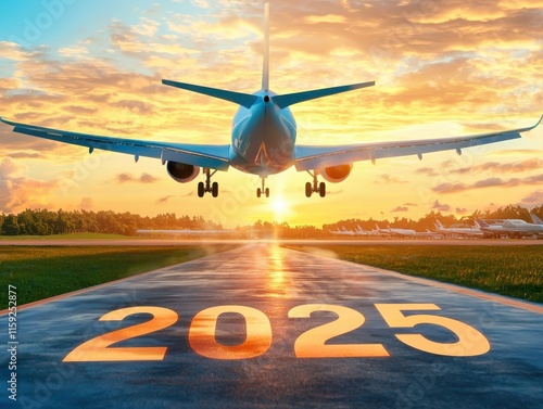An airplane takes off at sunset, with the year 2025 prominently displayed on the runway, symbolizing future travel and adventure.