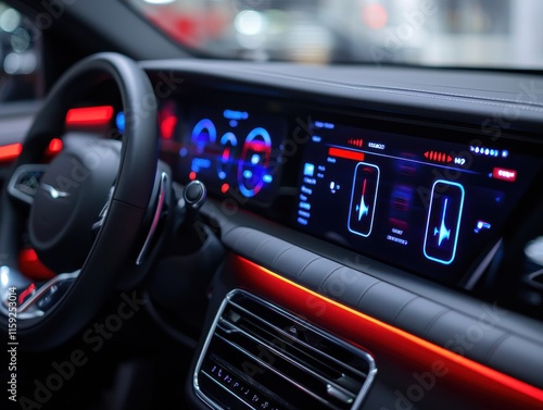 Futuristic Car Dashboard Featuring Holographic Display and Modern Interface with Dynamic Graphics and Innovative Technology Elements for Automotive Enthusiasts