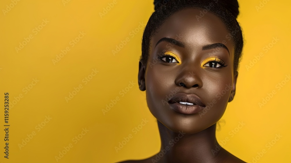 Portrait of charismatic seductive black woman with evening bright makeup on yellow isolated background with copy space. Studio shooting. Model business concept Portrait of charismatic seductive black woman with evening bright makeup on yellow isolated background with copy space. Studio shooting. Model business concept