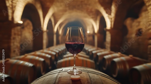 Strong alcoholic drinks and their production and tasting concept. Glass of red wine stands on an oak barrel in a traditional cellar with rows of wine barrels. photo