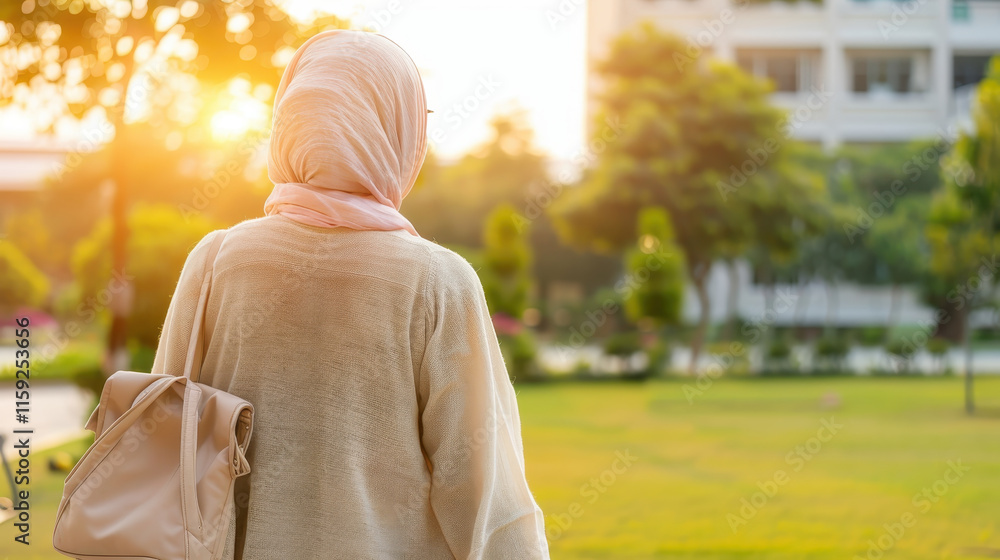 Fototapeta premium woman in light scarf stands in park during sunset, enjoying nature