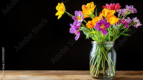 Wallpaper Mural Bright and Colorful Spring Flowers in a Glass Jar on Rustic Wooden Table Torontodigital.ca