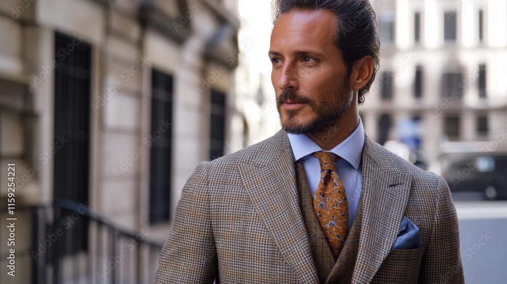Stylish Man in Brown Suit Walking Through Urban Setting on Street Stylish Man in Brown Suit Walking Through Urban Setting on Street