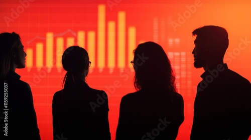 Team Members Engaged in Financial Brainstorming Session in Front of Data Visualization with Graphs and Charts for Strategic Planning