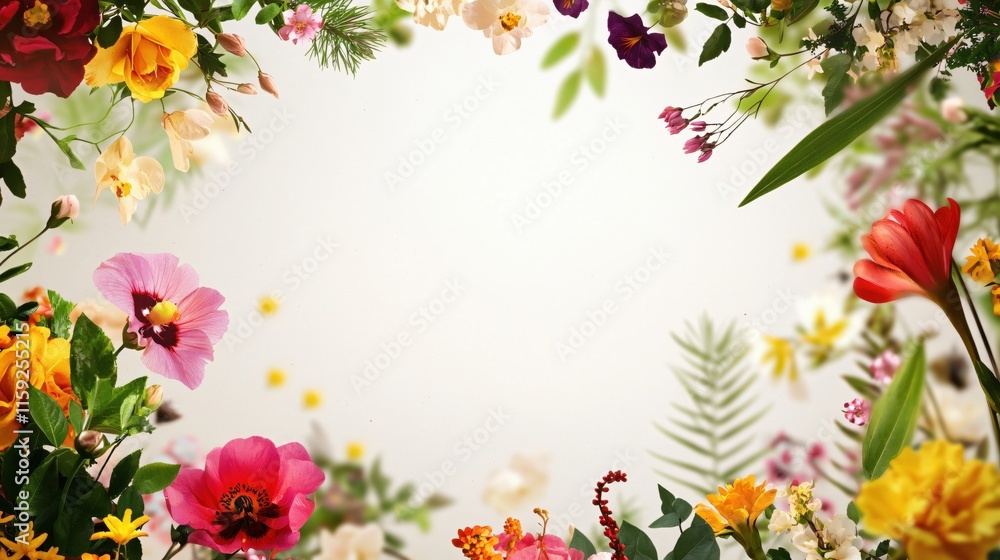 Fototapeta premium Vibrant Floral Frame with Colorful Flowers and Botanical Elements on Light Background