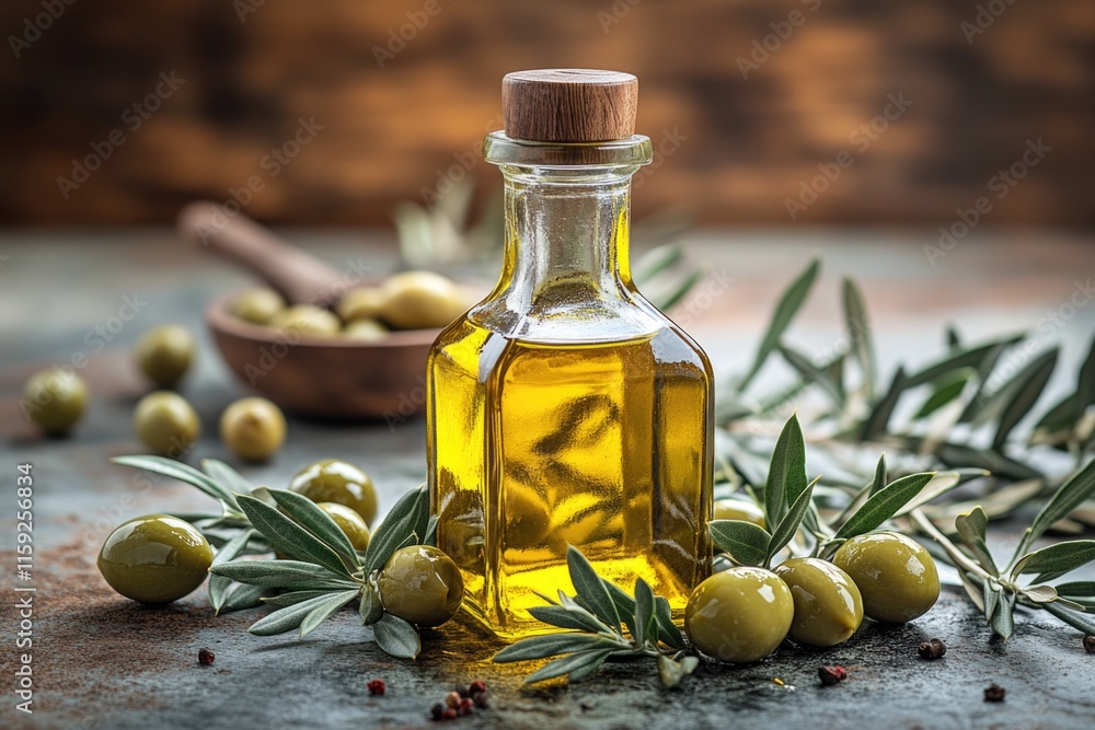 A bottle of olive oil sits next to some green olives, ideal for garnishing or serving as a snack A bottle of olive oil sits next to some green olives, ideal for garnishing or serving as a snack
